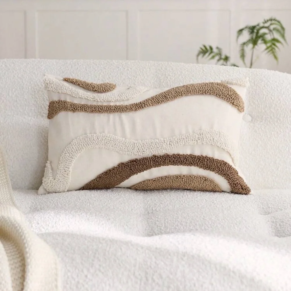 Boho Embroidered Throw Pillow Cover, Cream and Brown, 12”x20”